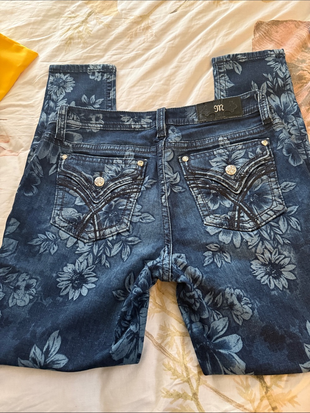 Miss Me Blue Floral Skinny Jeans with Embellished Back Pockets